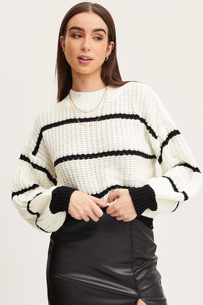 PANNEL DETAILED Stripe Knit Top Long Sleeve Relaxed Round Neck for Women by Ally