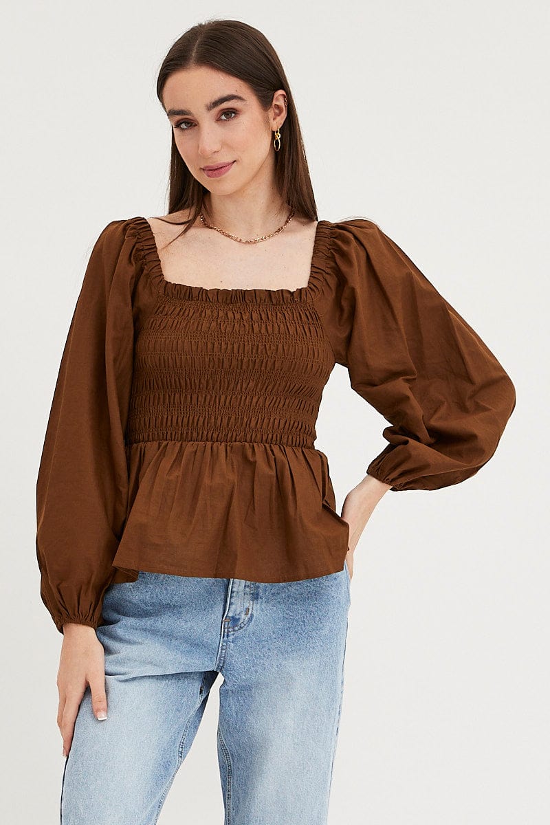 PEASANT TOP Brown Ruched Top Long Sleeve for Women by Ally