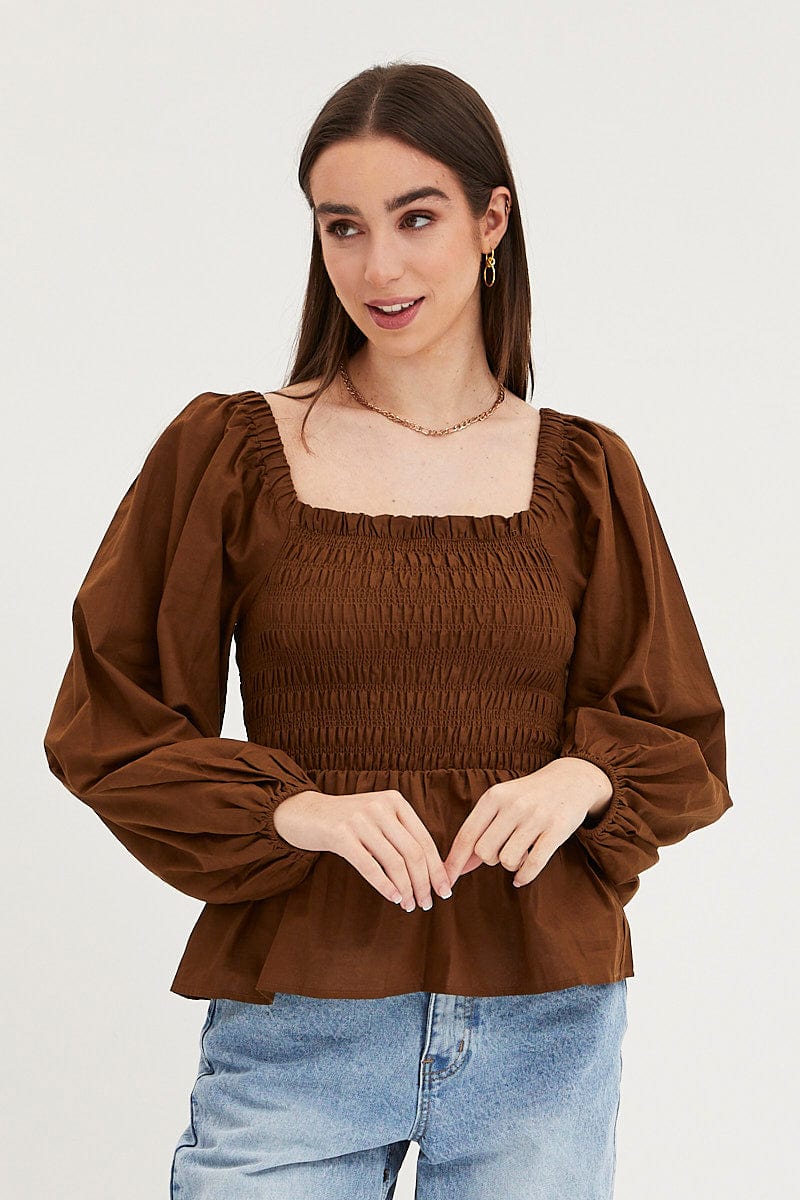 PEASANT TOP Brown Ruched Top Long Sleeve for Women by Ally