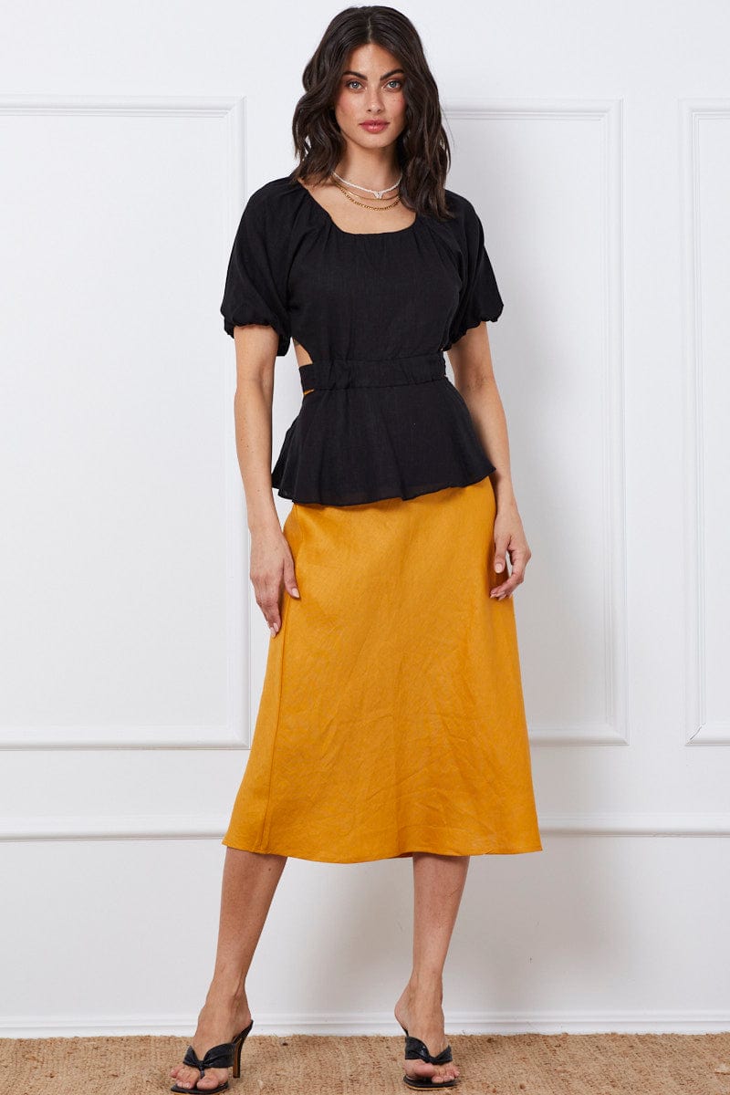 PEPLUM Black Peplum Blouse Short Sleeve Linen for Women by Ally