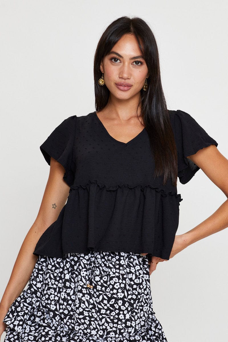 PEPLUM Black Peplum Top Short Sleeve Button Front for Women by Ally