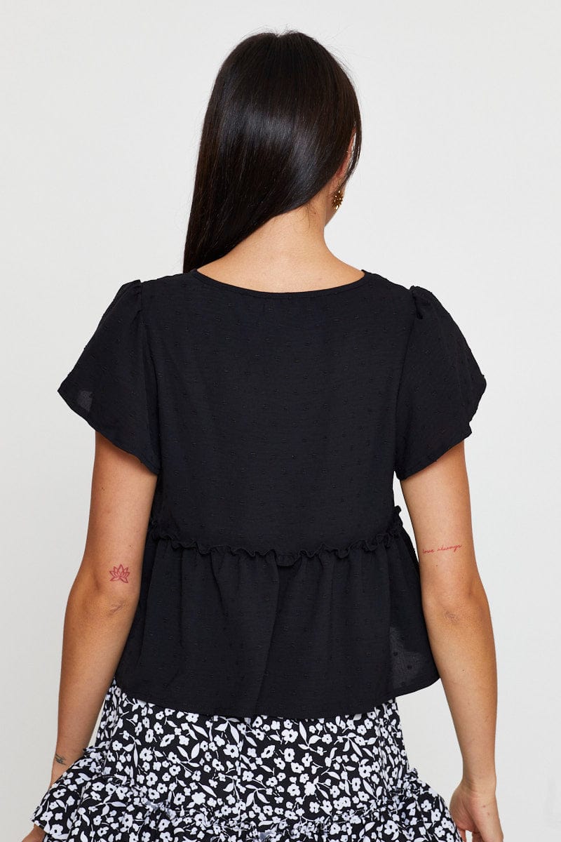 PEPLUM Black Peplum Top Short Sleeve Button Front for Women by Ally