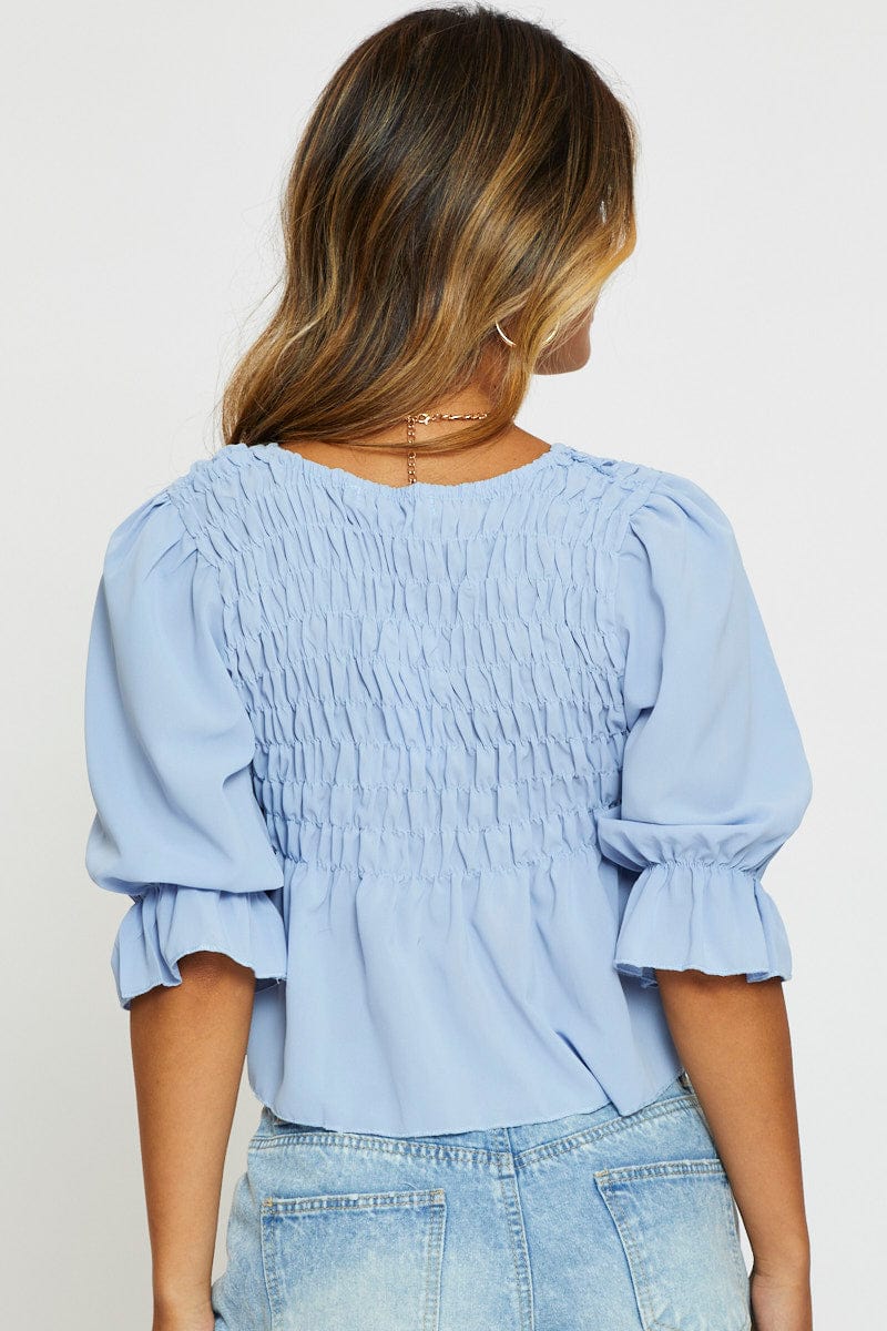 PEPLUM Blue Crop Blouse Short Sleeve Round Neck for Women by Ally