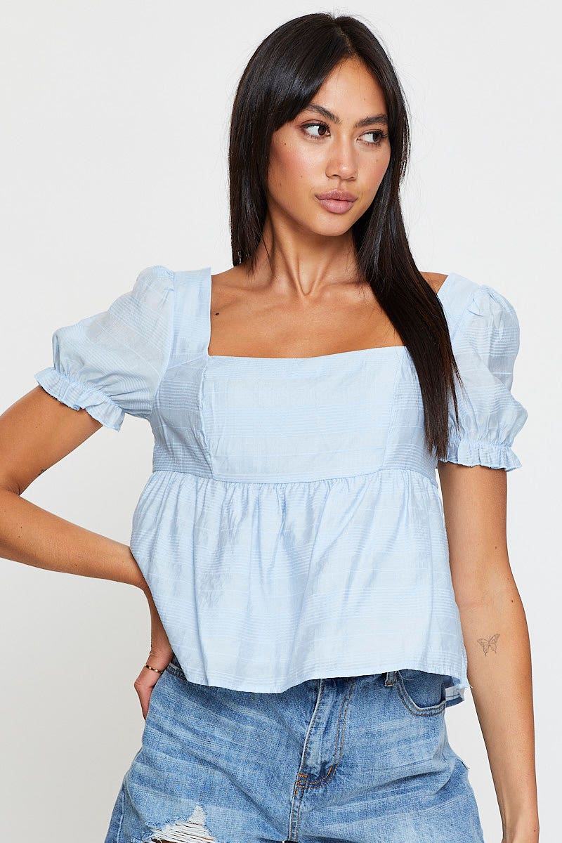 PEPLUM Blue Peplum Top Short Sleeve for Women by Ally