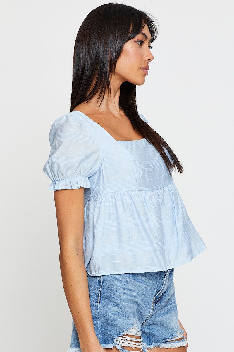 PEPLUM Blue Peplum Top Short Sleeve for Women by Ally