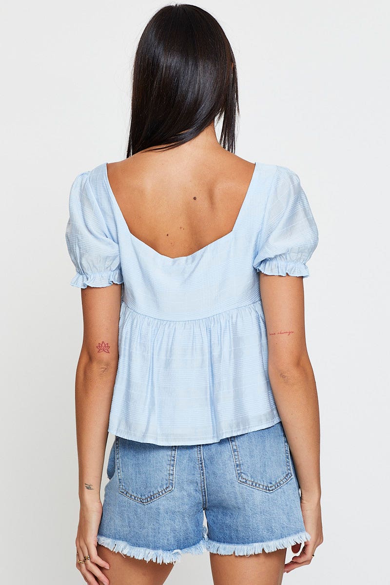 PEPLUM Blue Peplum Top Short Sleeve for Women by Ally