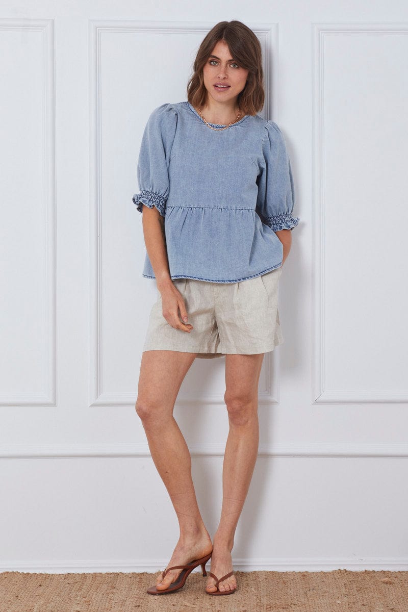 PEPLUM Blue Top Short Sleeve Relaxed Linen for Women by Ally