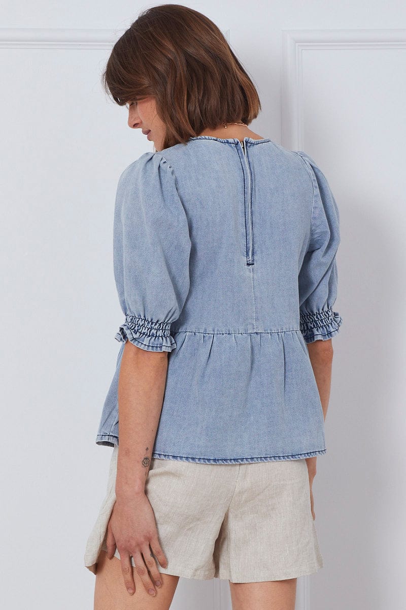 PEPLUM Blue Top Short Sleeve Relaxed Linen for Women by Ally