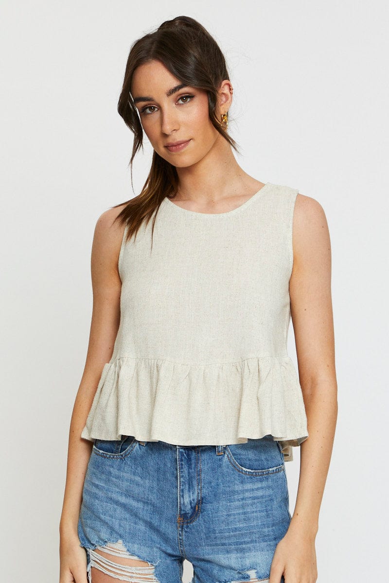 Women’s Beige Peplum Top Sleeveless Ruffle | Ally Fashion