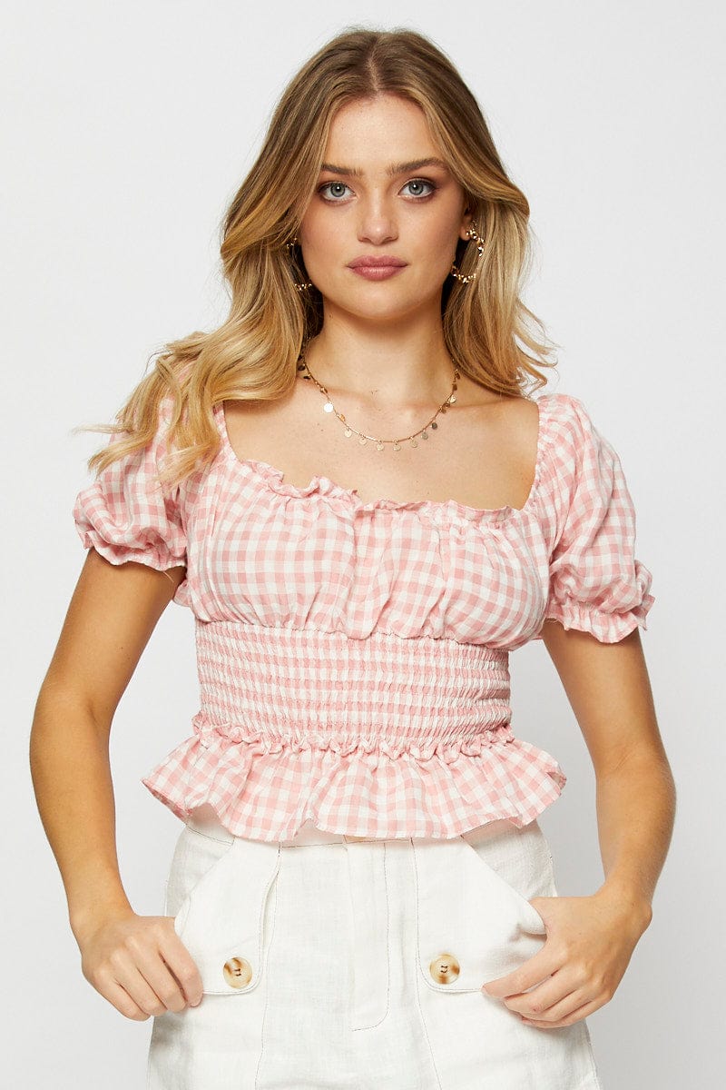 PEPLUM Check Crop Top Short Sleeve Square Neck for Women by Ally