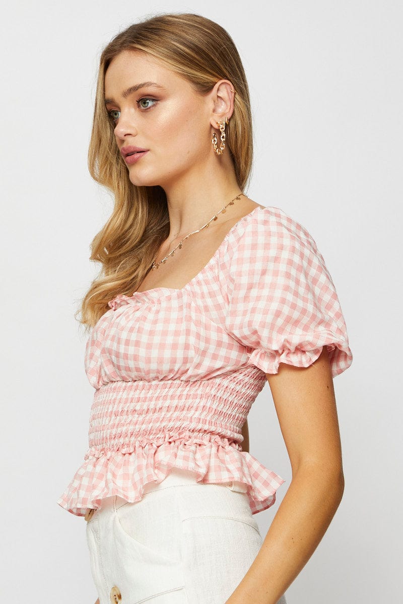 PEPLUM Check Crop Top Short Sleeve Square Neck for Women by Ally