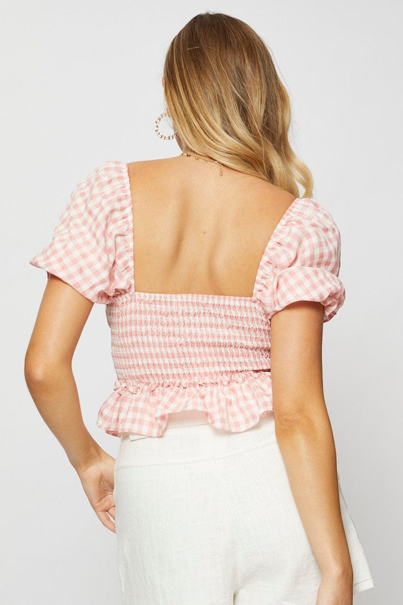 PEPLUM Check Crop Top Short Sleeve Square Neck for Women by Ally