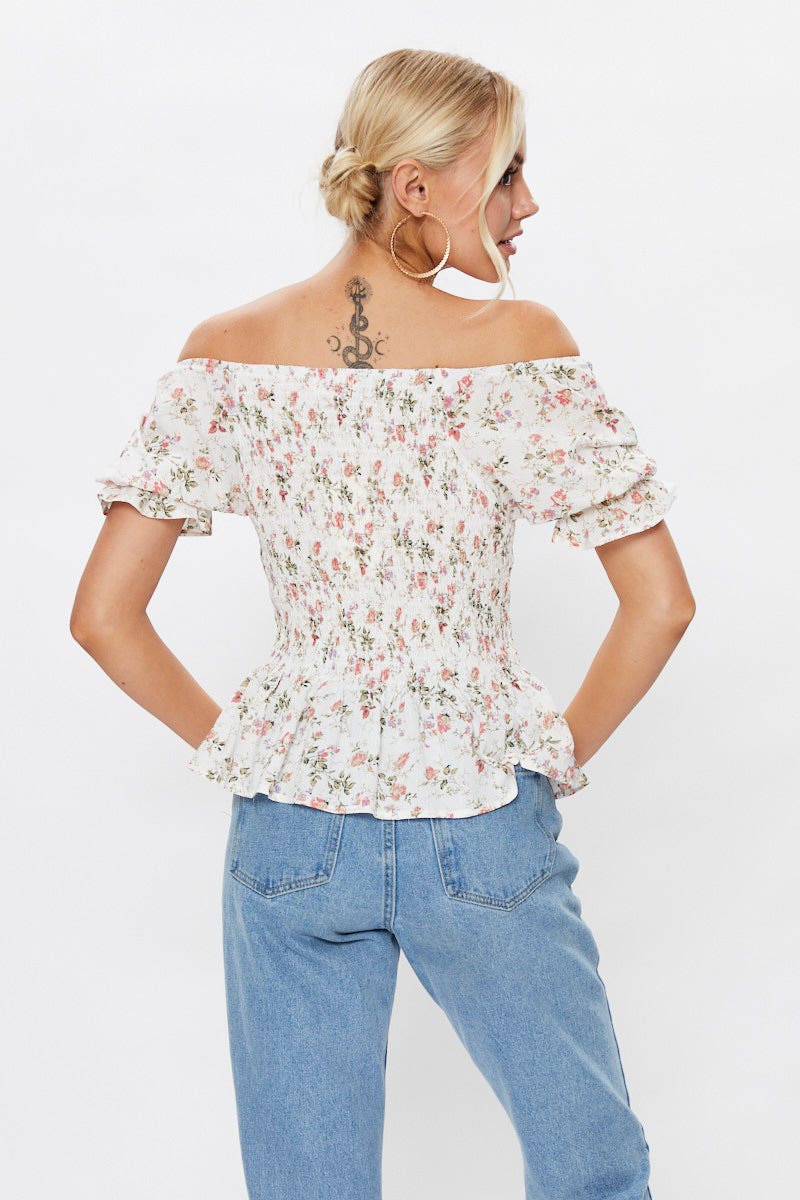 PEPLUM Floral Print Short Sleeve Floral Print Shirred Peplum Top for Women by Ally