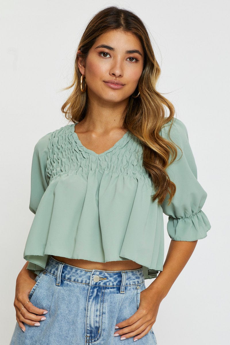 PEPLUM Green Crop Blouse Short Sleeve Round Neck for Women by Ally