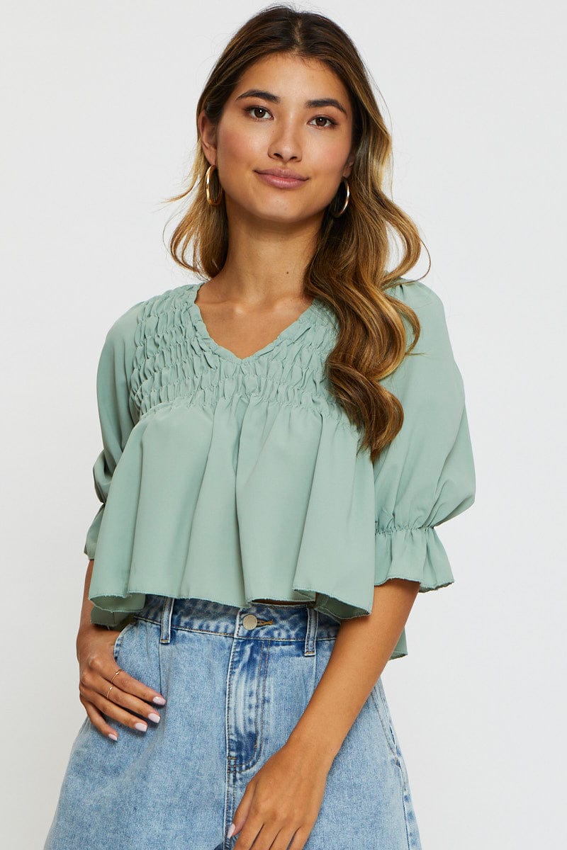 PEPLUM Green Crop Blouse Short Sleeve Round Neck for Women by Ally