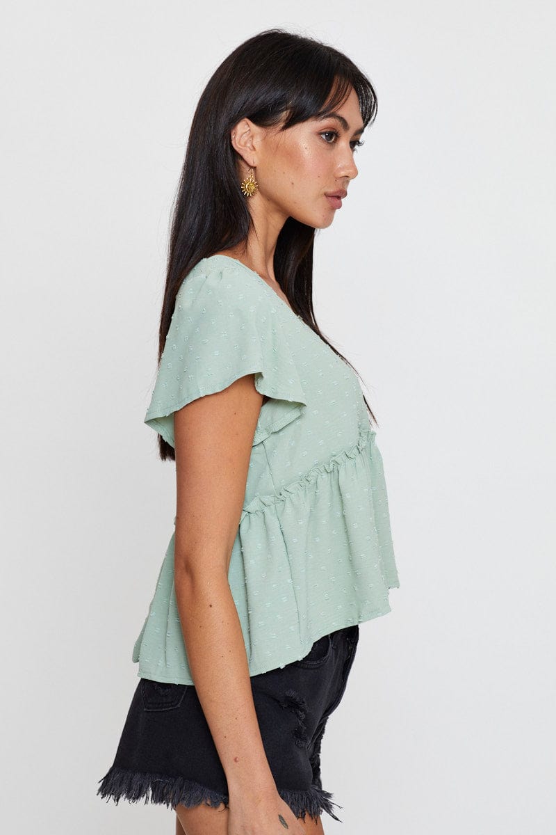 PEPLUM Green Peplum Top Short Sleeve Button Front for Women by Ally