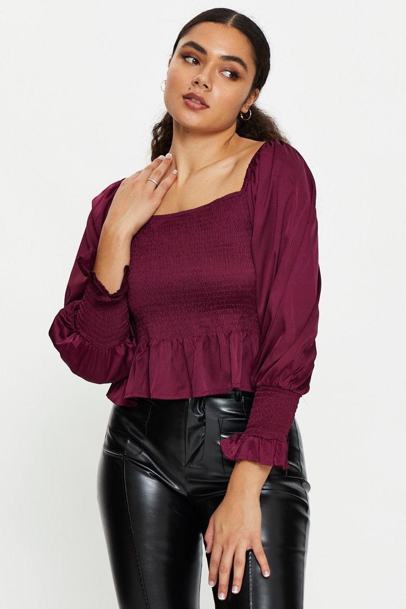 PEPLUM Red Peplum Blouse Long Sleeve Off Shoulder for Women by Ally
