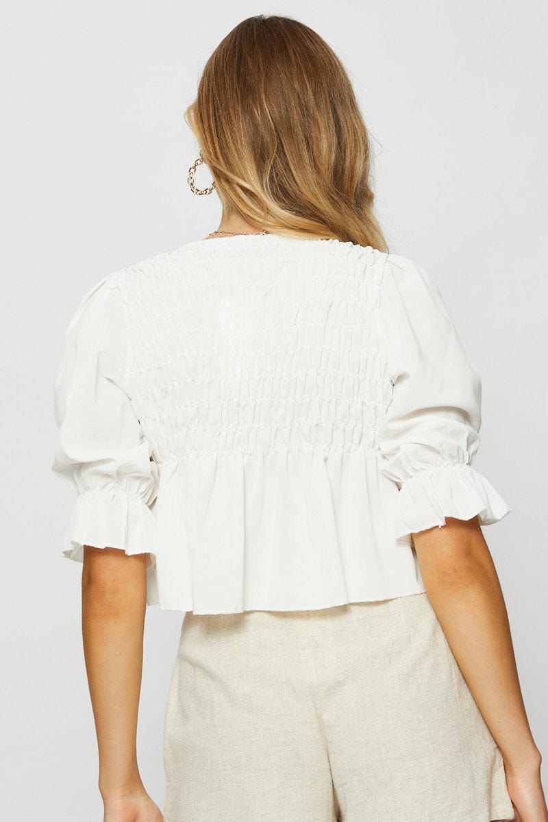 PEPLUM White Crop Blouse Short Sleeve Round Neck for Women by Ally