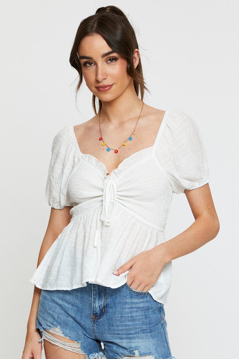 PEPLUM White Peplum Top Short Sleeve for Women by Ally