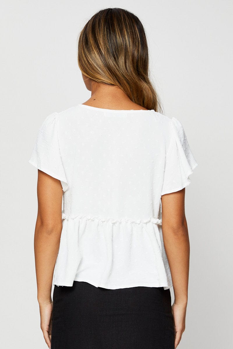 PEPLUM White Peplum Top Short Sleeve Button Front for Women by Ally