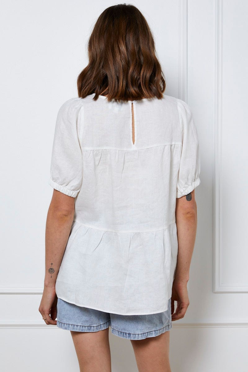 PEPLUM White Top Short Sleeve Relaxed Linen for Women by Ally