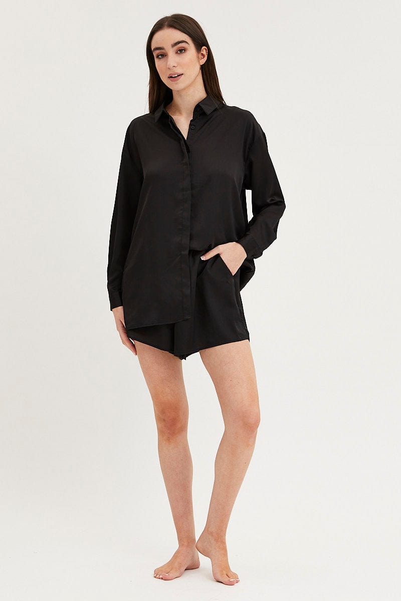 PJ SET Black Satin Pajamas Set Long Sleeve for Women by Ally