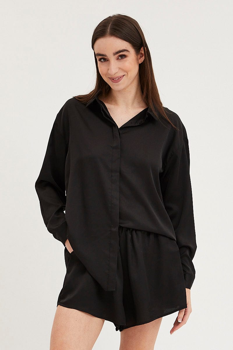 Women's Black Satin Pajamas Set Long Sleeve Ally Fashion