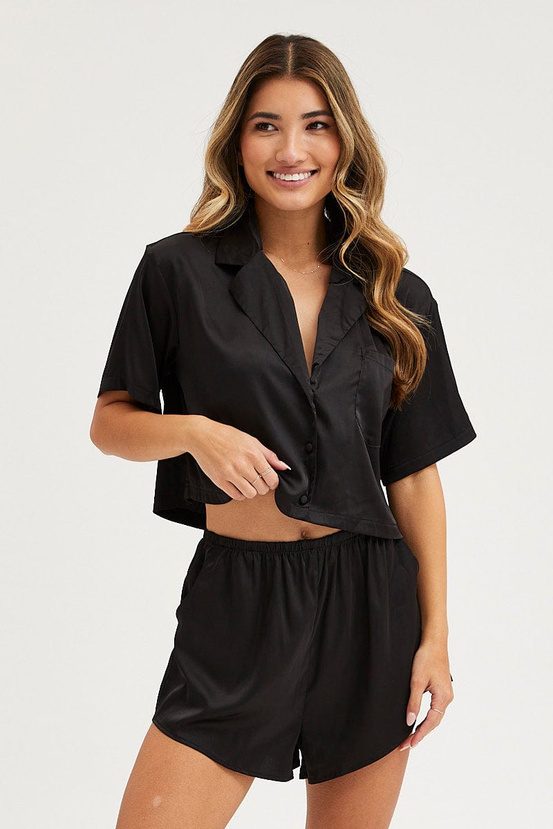 Women's Black Satin Pajamas Set Short Sleeve Crop Ally Fashion
