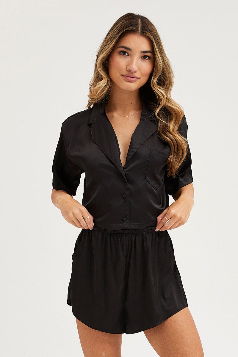 PJ SET Black Satin Pajamas Set Short Sleeve Crop for Women by Ally