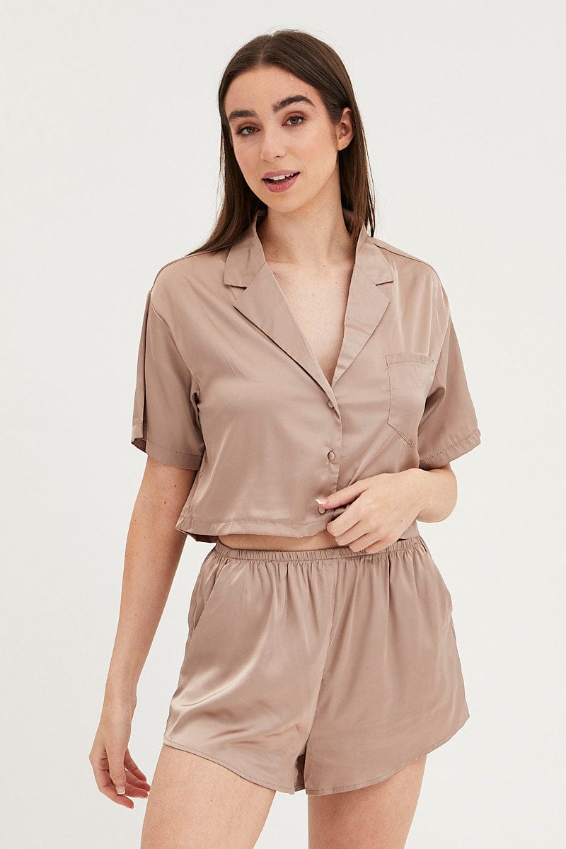 PJ SET Brown Satin Pajamas Set Short Sleeve Crop for Women by Ally