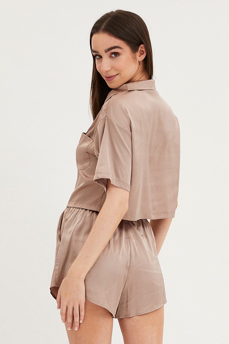 PJ SET Brown Satin Pajamas Set Short Sleeve Crop for Women by Ally