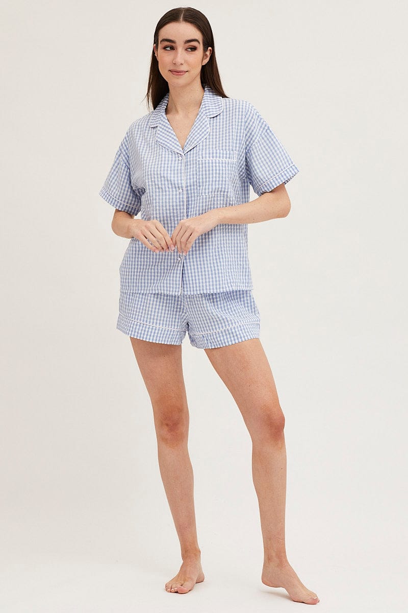 PJ SET Check Contrast Piping Pajamas Set Short Sleeve for Women by Ally