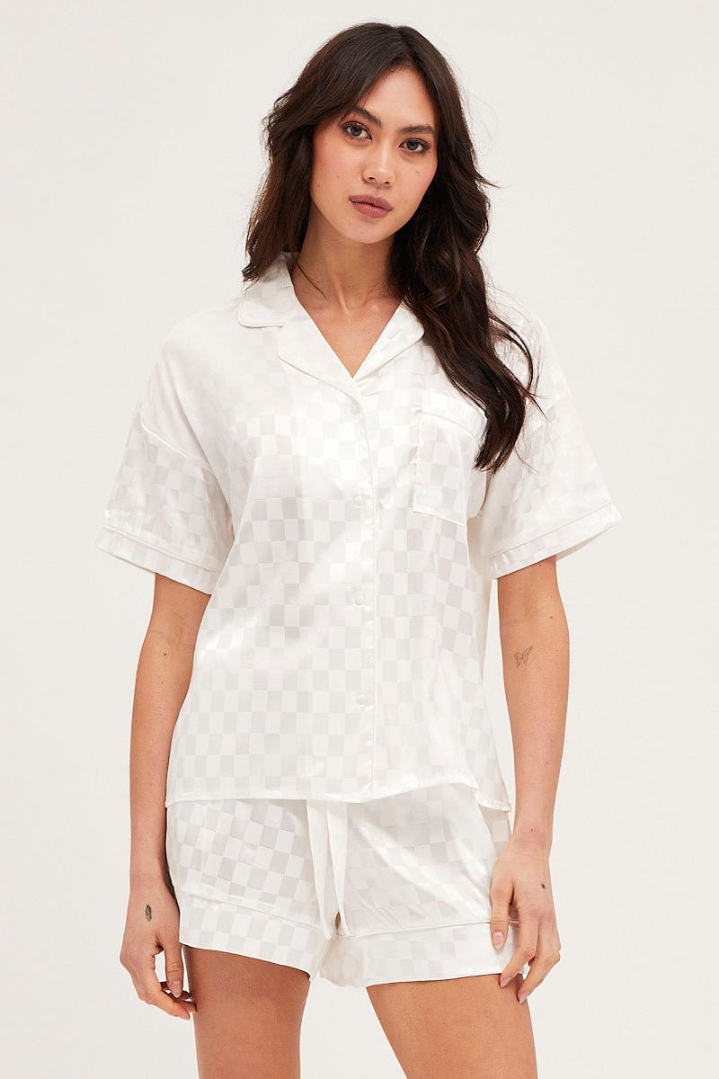 PJ SET Check Satin Pajamas Set Short Sleeve for Women by Ally