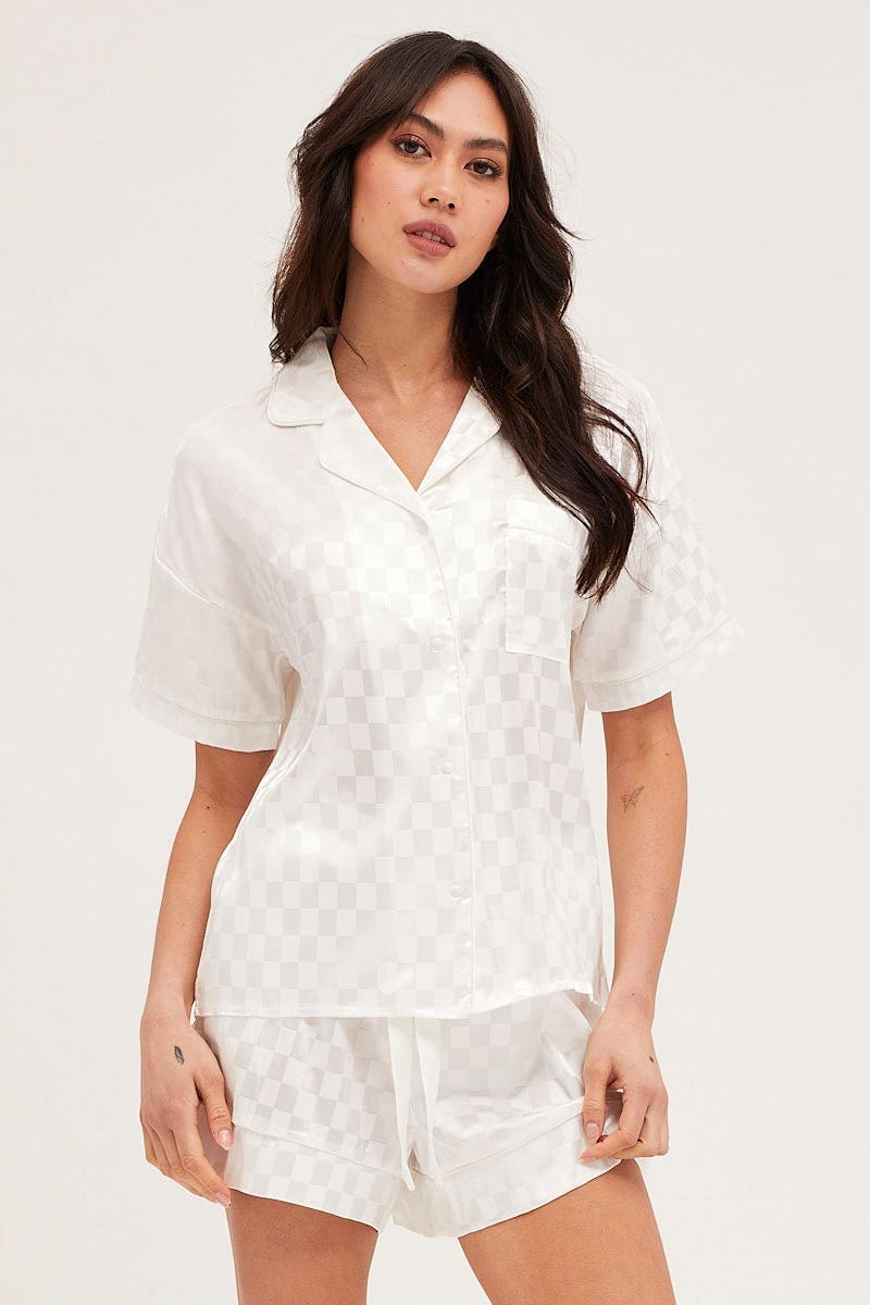 PJ SET Check Satin Pajamas Set Short Sleeve for Women by Ally