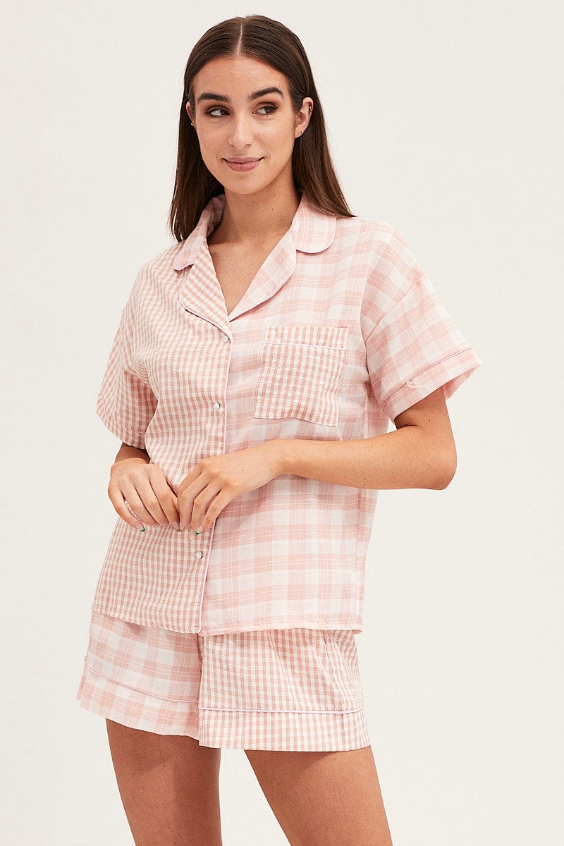 PJ SET Check Short Sleeve Top And Pant Pj Set for Women by Ally