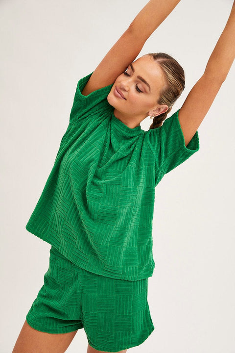 Green Pyjamas Set Short Sleeve Crew Neck Shorts Terry