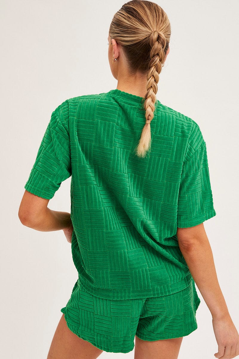 PJ SET Green Pyjamas Set Short Sleeve Crew Neck Shorts Terry for Women by Ally