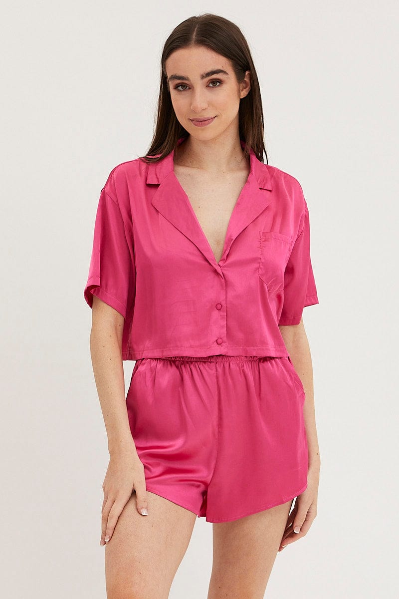 PJ SET Pink Satin Pajamas Set Short Sleeve Crop for Women by Ally