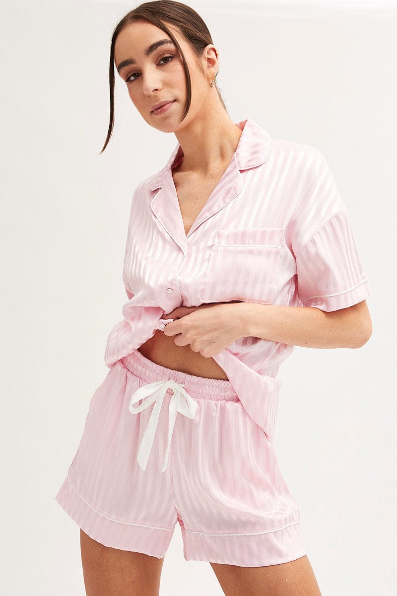 PJ SET Pink Stripe Pyjamas Set Short Sleeve Collared Shorts Satin for Women by Ally