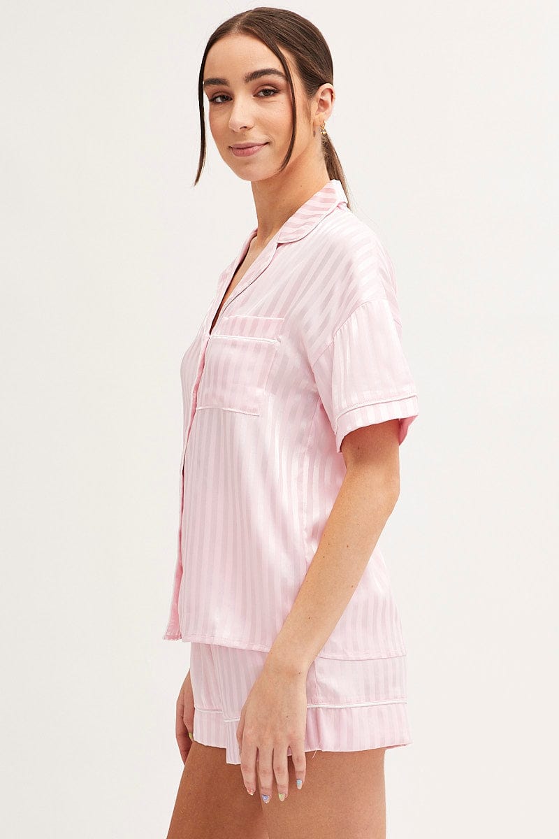 PJ SET Pink Stripe Pyjamas Set Short Sleeve Collared Shorts Satin for Women by Ally