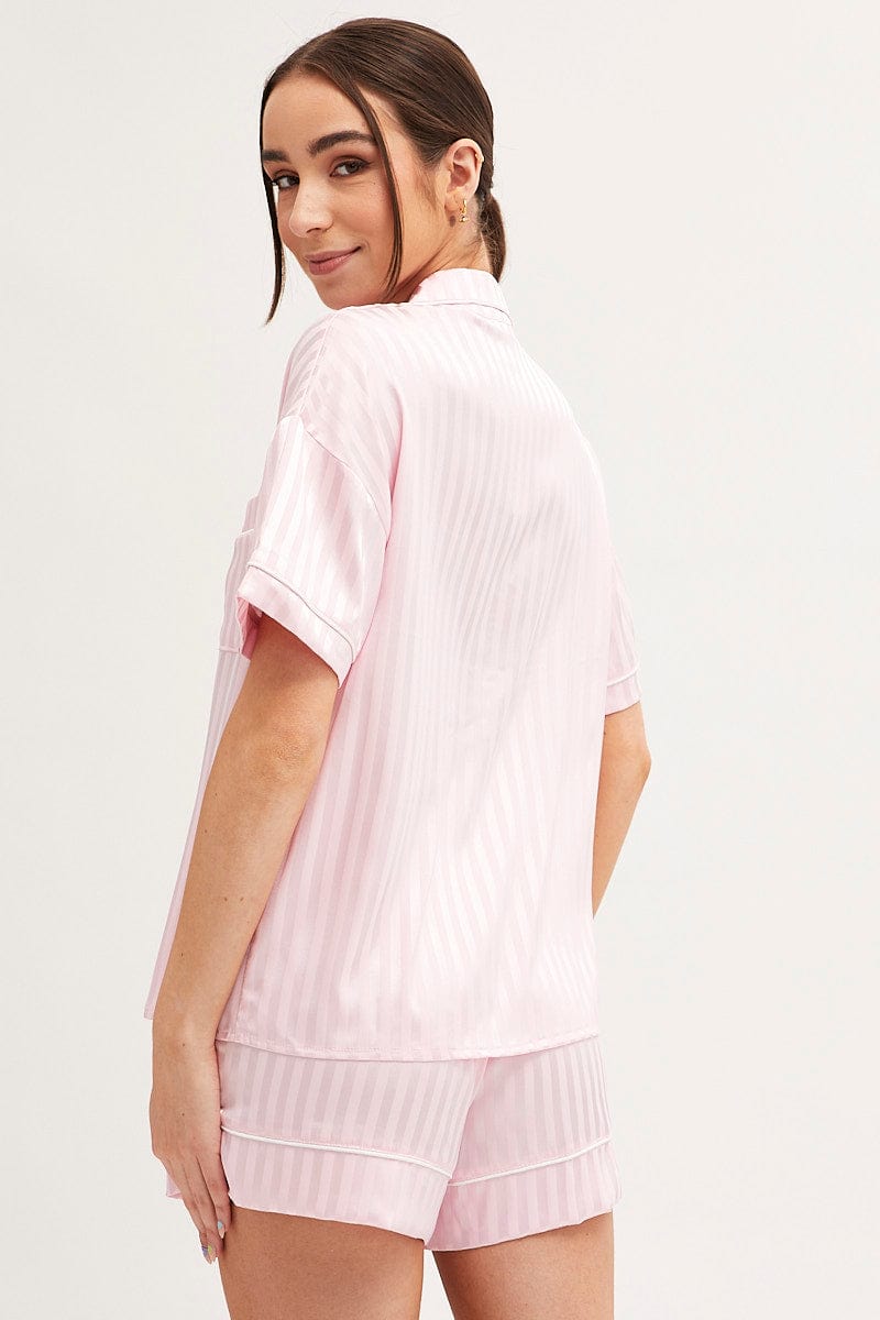 PJ SET Pink Stripe Pyjamas Set Short Sleeve Collared Shorts Satin for Women by Ally