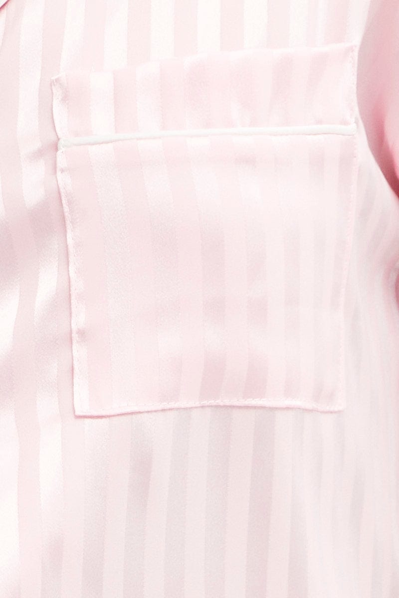 PJ SET Pink Stripe Pyjamas Set Short Sleeve Collared Shorts Satin for Women by Ally