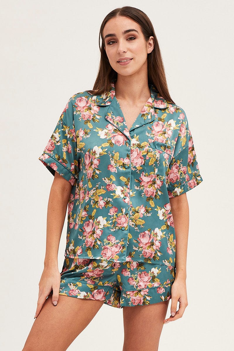 PJ SET Print Satin Pajamas Set Short Sleeve for Women by Ally