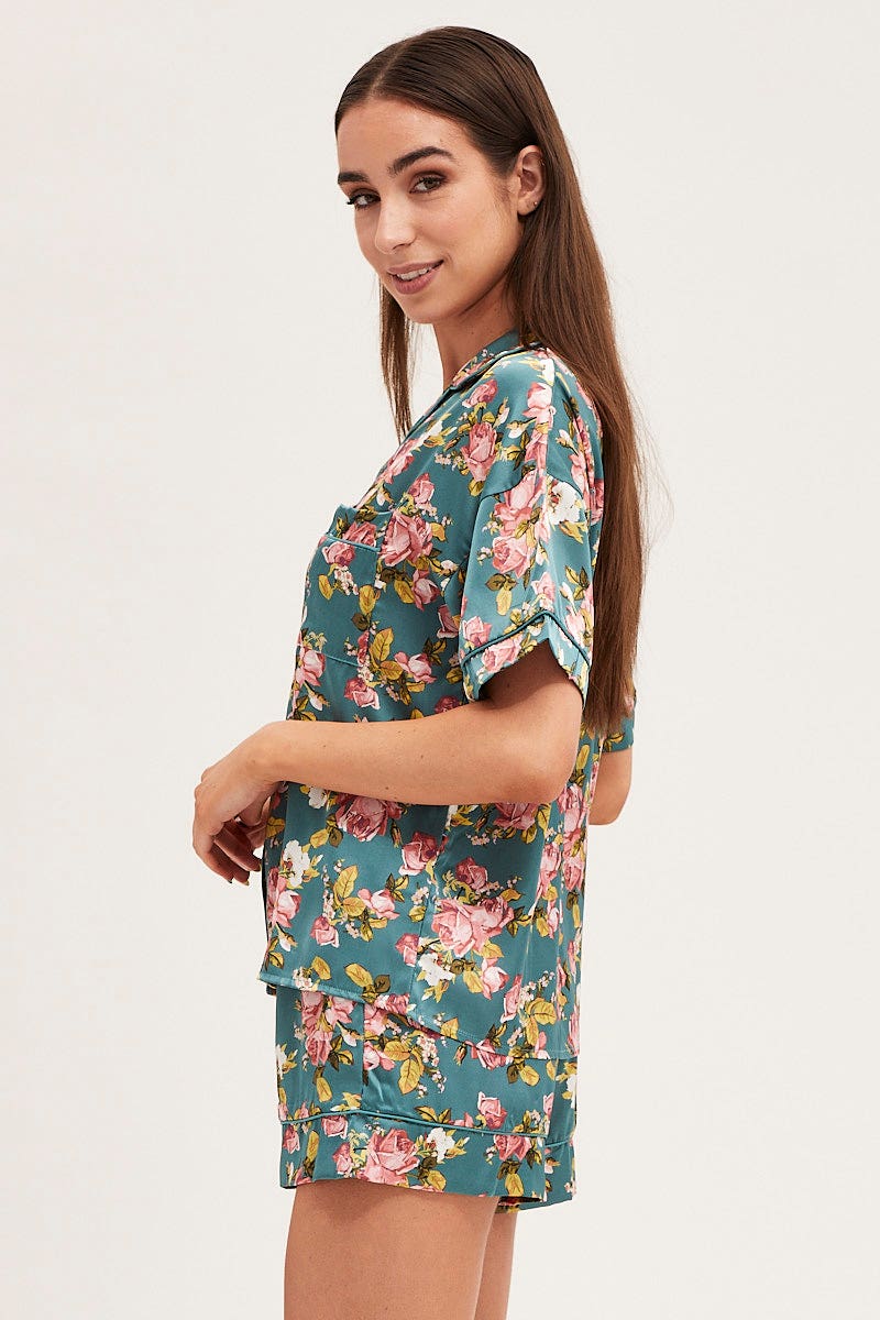 PJ SET Print Satin Pajamas Set Short Sleeve for Women by Ally