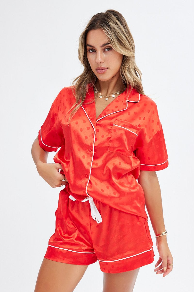 Red Polka Dot Satin PJ Polka Dot Contrast Piping Pyjama Set for Ally Fashion