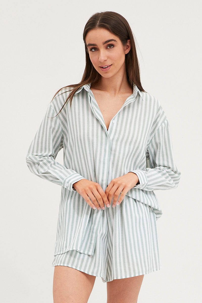PJ SET Stripe Â Linen Pajamas Set Long Sleeve for Women by Ally