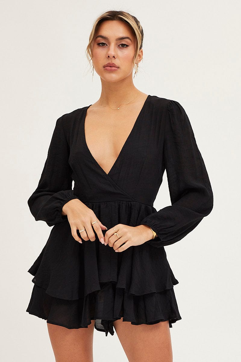 Women’s Black Playsuit Long Sleeve V Neck | Ally Fashion