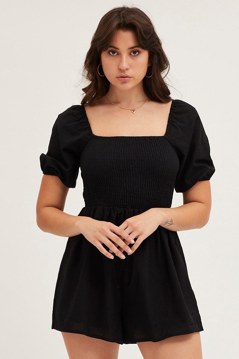 PLAYSUIT Black Playsuit Short Sleeve Square Neck for Women by Ally