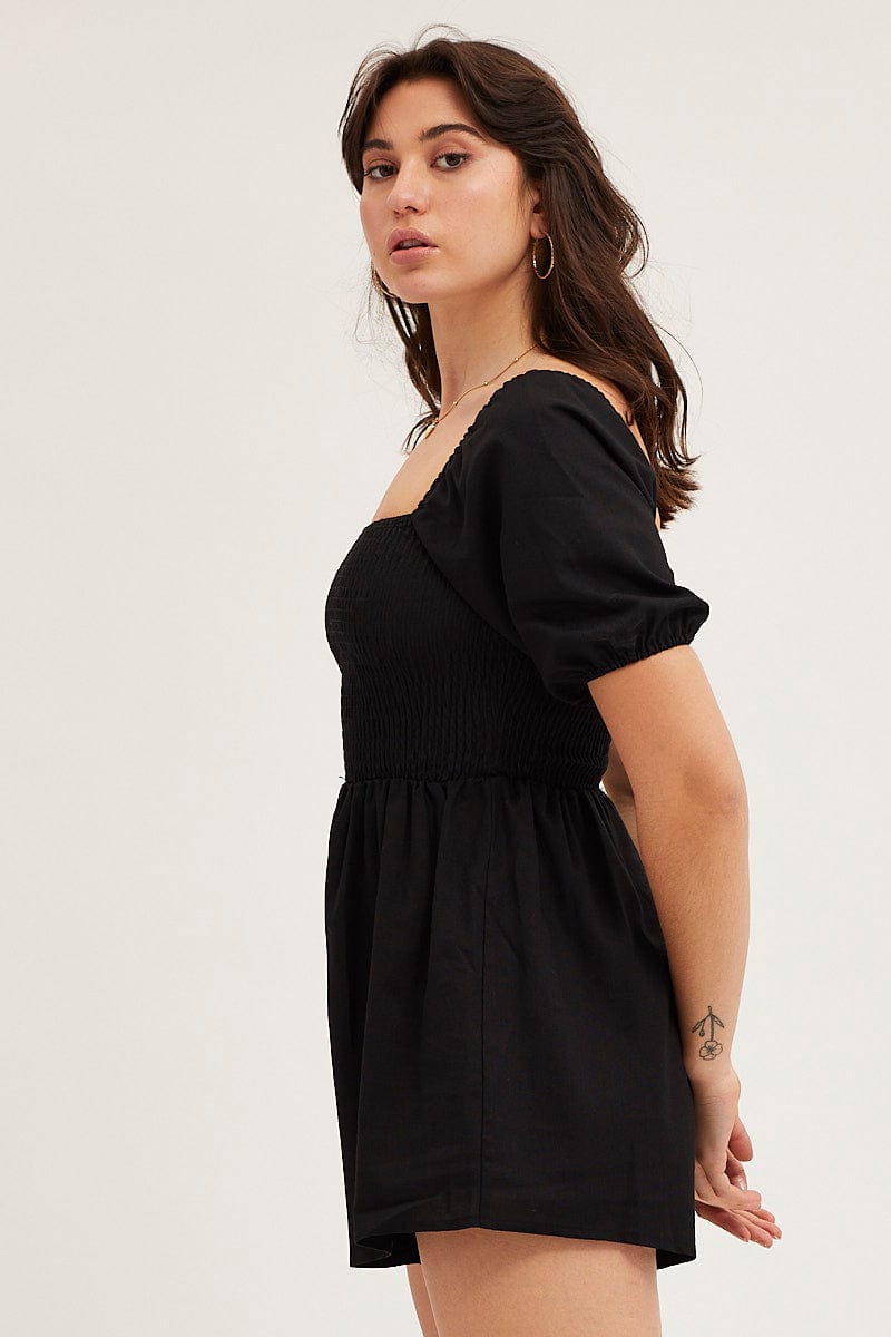 PLAYSUIT Black Playsuit Short Sleeve Square Neck for Women by Ally