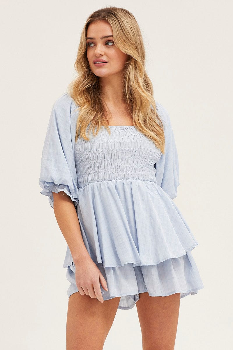 PLAYSUIT Blue Playsuit Short Sleeve Square Neck for Women by Ally